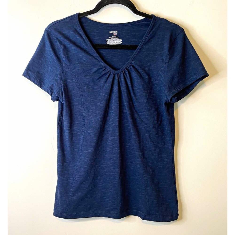 Danskin Now T-Shirt Women's L Blue V-Neck Pleated Stretch Knit Athleisure